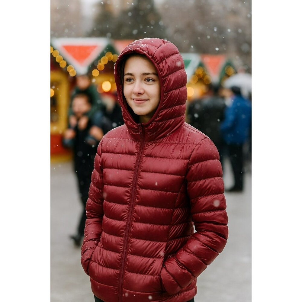 Zity Sports Hooded Womens Large Ultra-Light Down Puffer Jacket Burgundy Nylon